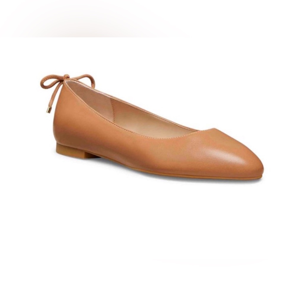 Stuart Weitzman Tan Leather Pointed Ballet Flat with Heel Bow Detail